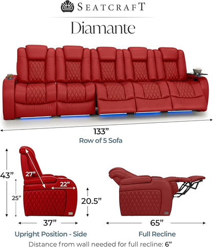 Seatcraft Diamante Zero-Gravity CoolZero Italian Leather Home Theater Seating, Power Headrest, Power Recline, Row of 5 Sofa, Red