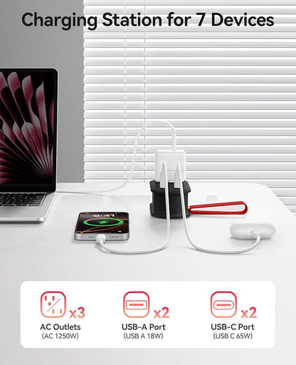 ORICO 65W USB Travel Power Strip, 7 in 1 Charging Station with 3AC, 2 USB-A, 2 USB-C, Flat Plug and 4ft Thin Extension Cord, Fast Charger for MacBook, iPad, iPhone 17/16/15 - TK65