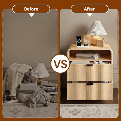 24” Fluted Nightstand with Charging Station, Modern Bedside Table with 2 Drawers, Curved Profile Design, Wooden End Table with Storage for Bedroom, Living Room, Natural Oak
