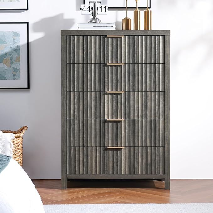 5 Drawers Dresser for Bedroom, 44 Inches Tall Modern Bedroom Dressers, Chest of Drawers for Bedroom, Fluted Dresser for Closet Organizer for Living Room, Hallway, Entryway (Midnight Oak, 3 Pieces)