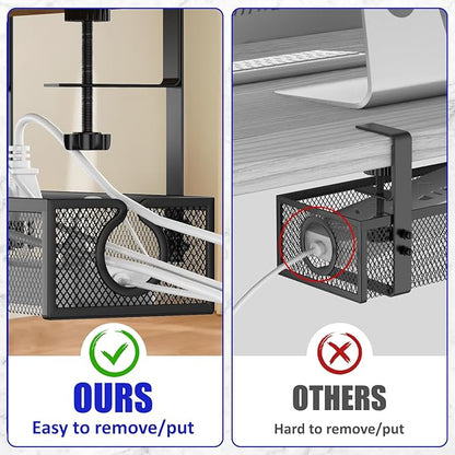 REFLYING Under Desk Cable Management Tray, Metal Long Arms (3.9in), No Drill Mesh Cable Tray, Wire Organizer, 1 Pack, Black