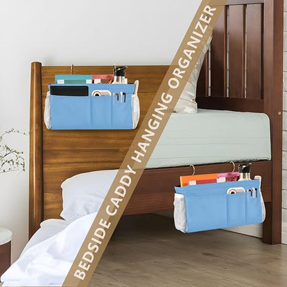 KOPIRIT Lake Blue Bedside Caddy Storage Bag Bedside Organizer for Dorm Room Top Bunk Bed Bedside Shelf Hanging Organizer 6 Pockets with Hooks for Glasses Book Tablet Holder