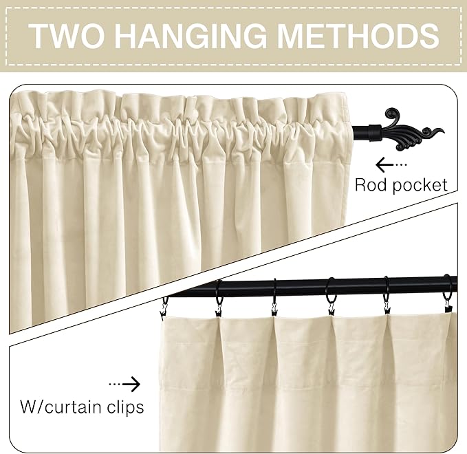 StangH 102 inches Beige Velvet Curtains Luxury Rod Pocket Decor for Living Room, Thermal Insulated Window Drapes Soundproof Light Dampening for Bedroom/Hallway, W52 x L102, 2 Panels