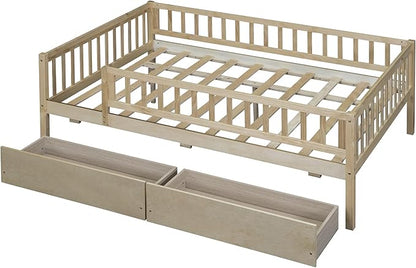 Bellemave Full Size Bed Frames with Rails for Kids, Full daybed Frame with Drawers for Boys/Girls/Adults， Natural