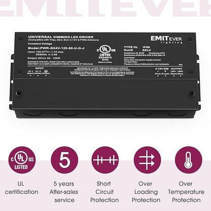 EMITEVER Dimmable Led Driver, 2 Packs 120W AC 110V-277V to DC 24V Transformer, 5-in-1 Dimming: ELV/MLV/TRIAC / 0-10V / 1-10V / 10V PWM/Potentiometer, Waterproof IP67 and UL Listed