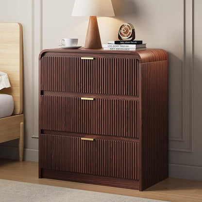 FURSUN 32" Tall Fluted Nightstand, 3 Drawers Wooden End Table w/Storage, Curved Profile Design, Modern Bedside Table for Bedroom, Dark Walnut