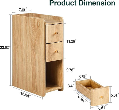 Small Nightstand Set of 2, Wood 2 Drawer Narrow Nightstand, Slim Side Table, Modern Skinny End Bedside Table, Natural Wood Night Stand with Drawers for Bedroom (Natural-2 pcs)