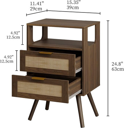 Rattan Nightstand,Farmhouse Bedside Table with 2 Storage Drawer and Open Wood Shelf, for Bedroom and Small Spaces,Night Stand with Solid Wood Legs (Walnut Brown)