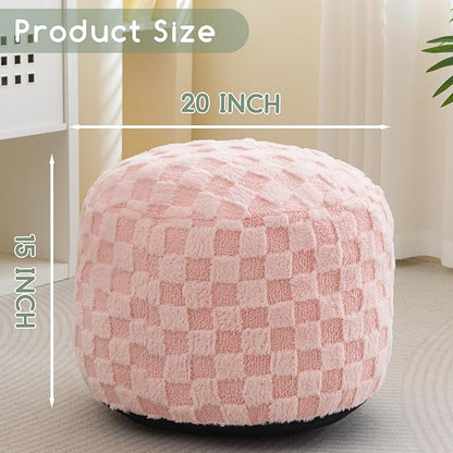 HIGOGOGO Round Stuffed Pouf Ottoman, Plaid Poufs with Foam Chunk Filling, Fluffy and Furry Pouf Foot Stool Storage Ottoman, 20 X 15 Floor Poufs Foot Rest for Living Room, Pink