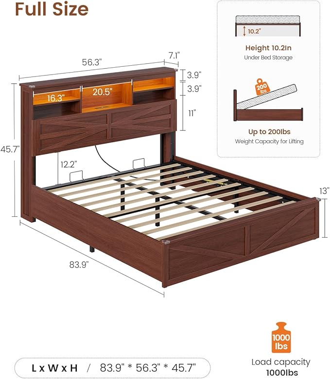 AOGLLATI Farmhouse Full Size Bed Frame with Lift Up Storage & Hidden Bookcase Storage Headbord, Wood Bed Frame Full with Charging Station, Led Lights, No Box Spring Needed, Brown