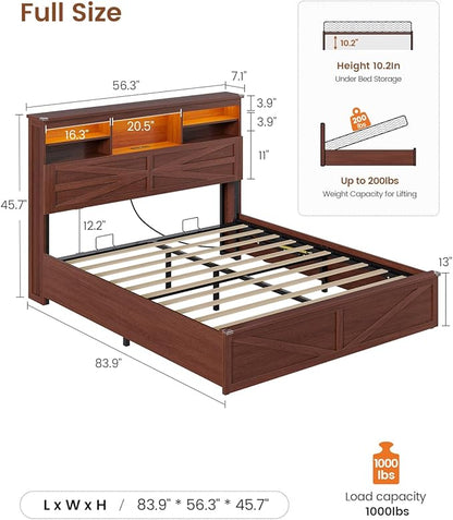 AOGLLATI Farmhouse Full Size Bed Frame with Lift Up Storage & Hidden Bookcase Storage Headbord, Wood Bed Frame Full with Charging Station, Led Lights, No Box Spring Needed, Brown