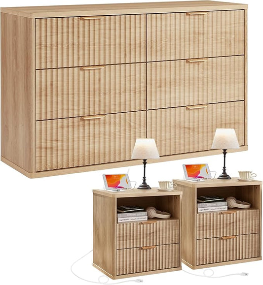 LEYAOYAO 48" Wide Fluted Dresser and 2 Drawers 23" Nightstand Set of 2, Wooden Dresser & Night Stand with Charging Station, 3 Piece Bedroom Furniture Set, Chest of Drawer for Living Room,Natural Wood