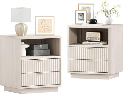 Fluted Nightstands Set of 2 - Nightstand with 2 Drawers & Open Shelves, 22" Wide Large Bedside Stand Modern Storage Wooden Side Tables for Bedroom (Oak White)