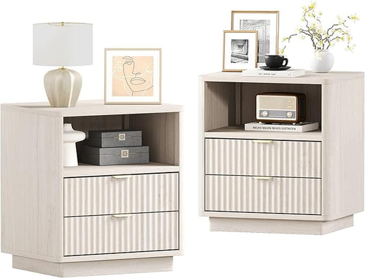 Fluted Nightstands Set of 2 - Nightstand with 2 Drawers & Open Shelves, 22" Wide Large Bedside Stand Modern Storage Wooden Side Tables for Bedroom (Oak White)