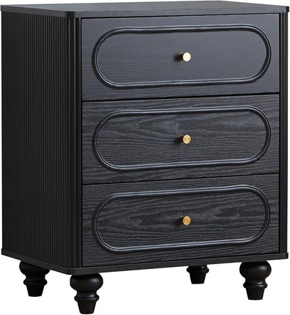 Fluted 3 Drawer Dresser for Bedroom, Modern Mid Century Chest of Drawers, Wood Storage Small Dresser Organizer for Bedroom Living Room Hallway Closet, Black