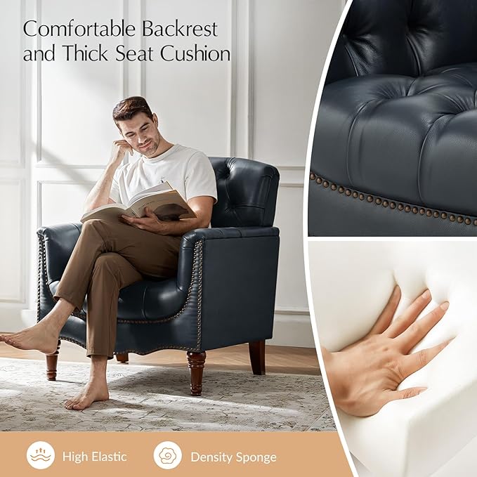 HULALA HOME Mid Century Modern Leather Club Chairs, Top-Grain Genuine Leather Armchairs with Button-Tufted Back & Solid Wood Legs, Accent Chairs for Living Room/Bedroom/Home Office, Navy