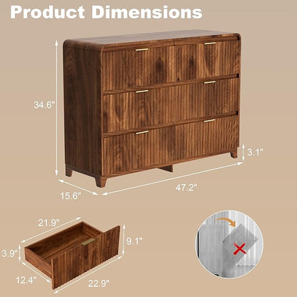 3 Pcs Dresser Closet Bedroom Set, 6 Drawer Fluted Dresser and Nightstand Set of 2 with Charging Station, Modern Bedside Table Chest of Drawers Storage Cabinet Set for Bedroom, Living Room, Walnut