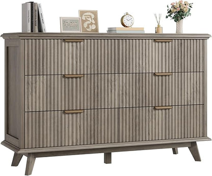 QUW Modern Fluted Dresser for Bedroom with 6 Drawers,47.2" Wood Closet Organizers and Storage,Wide 6 Drawer Dresser with Metal Handle,Hallway,Living Room(Grey)