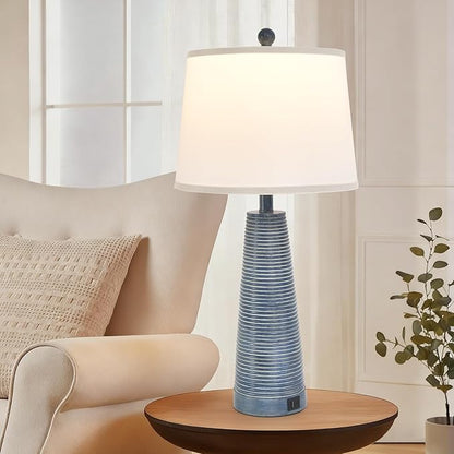 Terpsichore Nightstand Lamp Bedside Lamps Vintage Rustic Farmhouse Table Lamp 3 Way Dimmable Horizontal Stripe Light,for Living Room Bedroom,USB A+C (Navy Blue (Single-Pack), High 27 Inch)