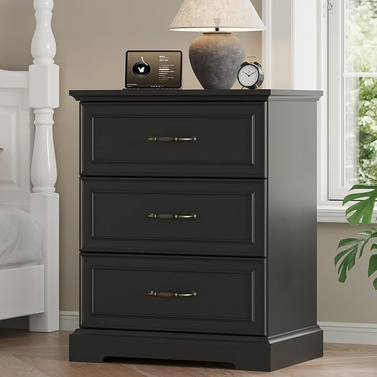 Farmhouse 3 Drawers Dresser for Bedroom, 24" Wide Modern Chest of Drawers with Deep Drawers & Bar Handles, Rustic Wood Nightstand, Wooden Closet Storage Organizer for Living Room, Hallway, Black