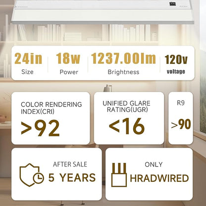 Ansen Hardwired Under Cabinet Lighting, 24in 18W LED Light for Kitchen/Closet, 1237lm, CRI>92, R9>90, 3 Color Temperature, Dimmable, 3000K/4000K/5000K(Warm White, Cool White, Daylight)
