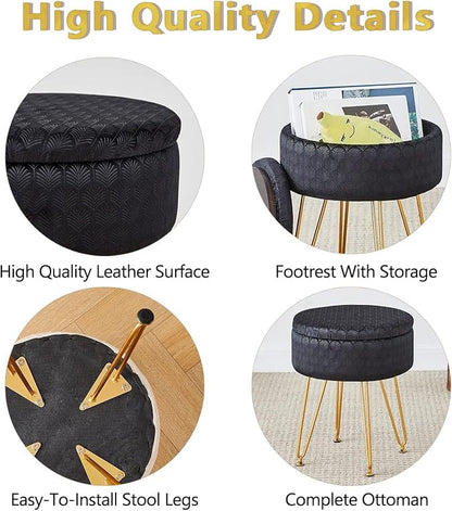 Cpintltr Modern Velvet Foot Rest Stool Upholstered Round Storage Ottomans Multipurpose Dressing Stools Luxury Home Decor Ottoman Coffee Table Top Cover Footstool with Metal Legs for Couch Black
