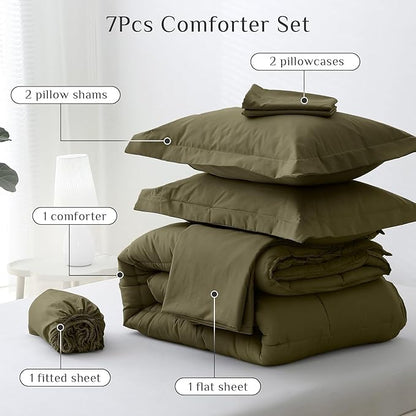 JOLLYVOGUE Full Comforter Set, Ultra-Soft Bed in a Bag Full Size 7 Pieces, Oeko-TEX Certified Bedding Set with Down Alternative Comforter, Sheets, Pillowcases & Shams, Olive Green