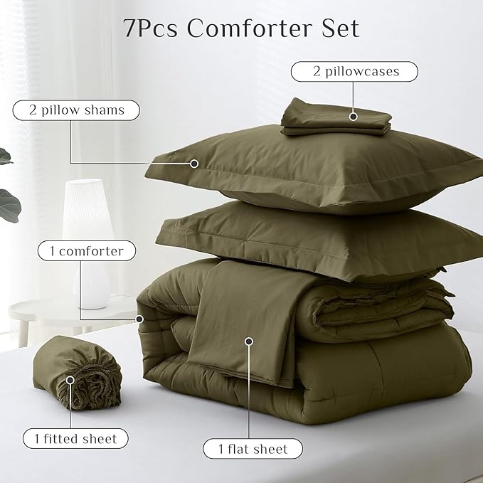 JOLLYVOGUE King Comforter Set, Ultra-Soft Bed in a Bag King Size 7 Pieces, Oeko-TEX Certified Bedding Set with Down Alternative Comforter, Sheets, Pillowcases & Shams, Olive Green