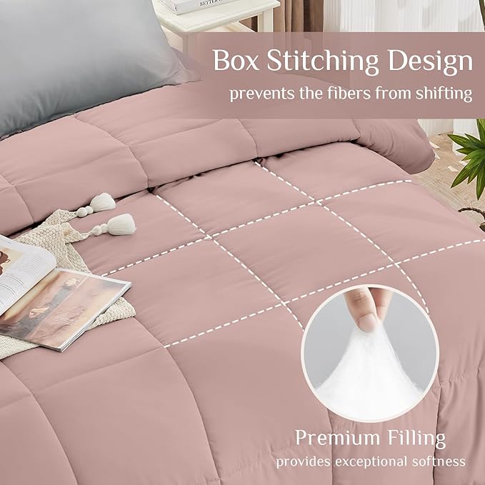 JOLLYVOGUE California King Comforter Set, Ultra-Soft Bed in a Bag Cal King Size 7 Pieces, Oeko-TEX Certified Bedding Set With Down Alternative Comforter, Sheets, Pillowcases & Shams, Pink & Light Grey