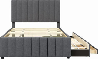 Bellemave Full Size Bed Frame with Twin Trundle Bed and Storage Drawers,Linen Upholstered Bed Frame,Full Size Trundle Bed with Adjustable Headboard for Kids Teens Adults,Gray