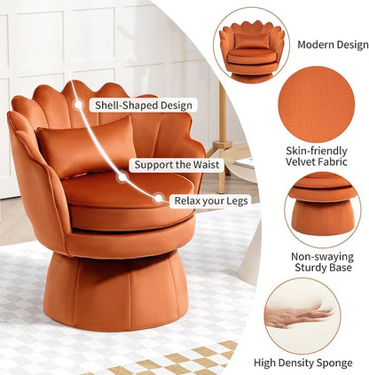 360° Swivel Accent Chair, Mid-Century Modern Velvet Barrel Chair, Comfy Shell Shape Arm Chair with Lumbar Pillow for Living Room, Bedroom, Office, Orange