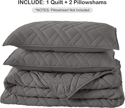 HORIMOTE HOME Quilt Set King Size Grey, Classic Geometric Diamond Stitched Pattern,Microfiber Ultra Soft Lightweight Bedspread Coverlet for All Season, 3 Piece Includes 1 Quilt and 2 Shams