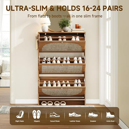 Nicetree Freestanding Ultra Slim Arched Rattan Accent Shoe Storage Cabinet for Entryway - 3 Flip Drawers & 3-Tier Adjustable Shelves, Farmhouse Modern Rustic Shoe Rack for Hallway, Foyer