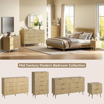 CARPETNAL Fluted 5 Drawers Dresser for Bedroom, 45" Tall Wooden Chest of Drawers with Rounded Corners, Gold Handles, Modern Storage Organizer for Bedroom, Hallway (Oak)
