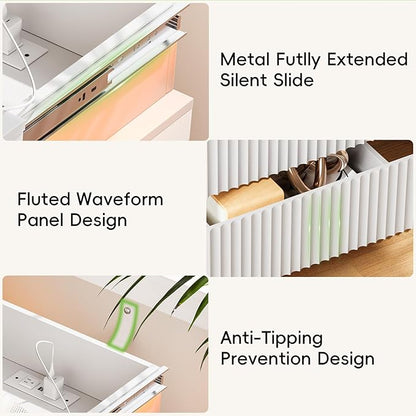 Nightstands Set of 2 with Charging Station & LED Lights, Modern Small Fluted Bedside & End Tables with 3 Drawers, Sliding Top & Hidden Storage, Wooden Farmhouse Night Stand for Bedroom Office,White