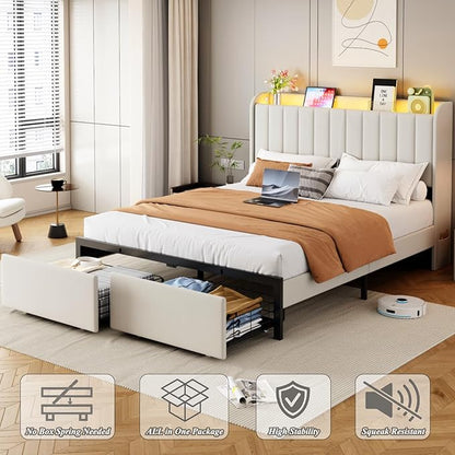 Queen Size Bed Frames with Storage Headboard and 2 Drawers, Upholstered Platform Bed Frame Queen with Led Lights and Handy Charging Station, No Box Spring Needed, Easy Assembly, Noise Free, Beige