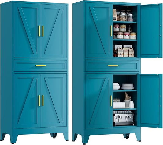 71" Tall Farmhouse Pantry Cabinet,Metal Cabinet with Adjustable Shelves and Doors,Storage Cabinet for Kitchen Garage,Blue