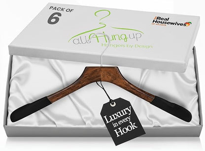 Premium Luxe Wood Coat Hangers, Wide Shoulder Wooden Jacket Hangers with Velvet Grip, Heavy Duty Luxury Hangers for Coats & Blazers, Mahogany with Black Velvet, 6 Pack