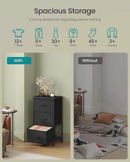SONGMICS Dresser for Bedroom, Chest of Drawers, Steel, MDF, 3 Non-Woven Fabric Drawers, Storage Organizer Unit, Closet, Entryway, Ink Black and Ebony Black ULGS313B01S
