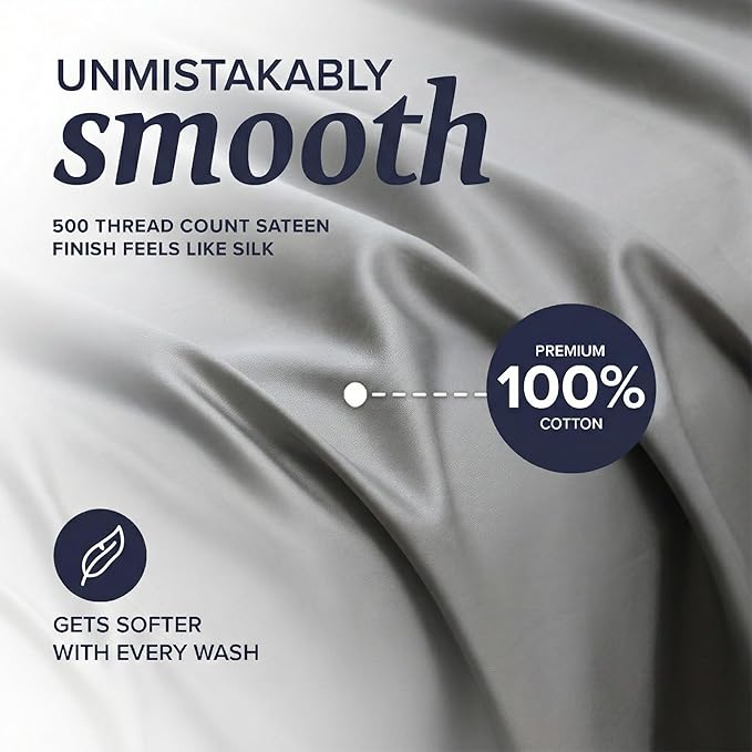 Beckham Hotel Collection Twin Sheet Set 100% Cotton, 500TC Luxury Sateen Bedding, 16” Deep Pocket, Moisture-Wicking, 3-Piece, Dark Gray