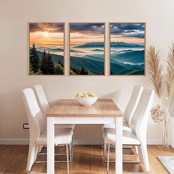LHIUEM Large Nature Mountain Sunrise Framed Canvas Wall Art,Modern Misty Tree Wall Decor,Boho Forest Green Wall Painting,Landscape Picture Artwork for Living Room,Bedroom,Dining Room,Office -24"x36"x3