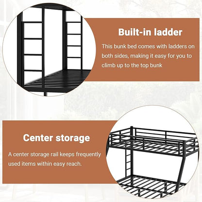 Twin XL Over Queen Bunk Bed Frame, Heavy Duty Metal Loft Bed for Adults/Teens, 350/600LB Capacity w/Ladder & Guardrail, Noise-Free Steel Slats, No Box Spring Required, Black