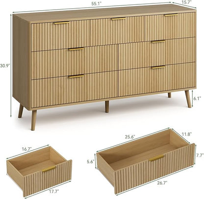 LYNSOM Fluted Dresser and Nightstand Sets 3 Piece, 7-Drawers Dresser and 1-Drawer Nightstands Set of 2, Wood Bedroom Furniture Set for Home, Bedroom, Hallway, Oak