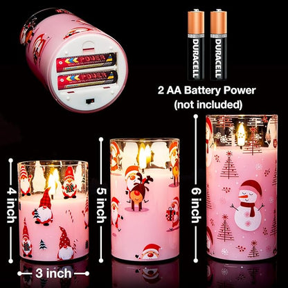 Eywamage Pink Christmas Flameless Pillar Candle with Remote, Flickering Gnomes Santa Glass LED Candles Battery Operated Set of 3