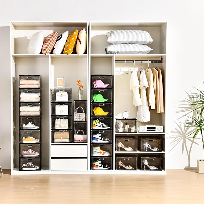New Gray 8 Pack Shoe Boxes Stackable, Large Shoe Storage Organizer with Lids,Drop Side Shoe Containers for Entryway,Sneaker Storage Fit up to US Size 13 for Men/Women(13’’x 10.6”x 8.3”)