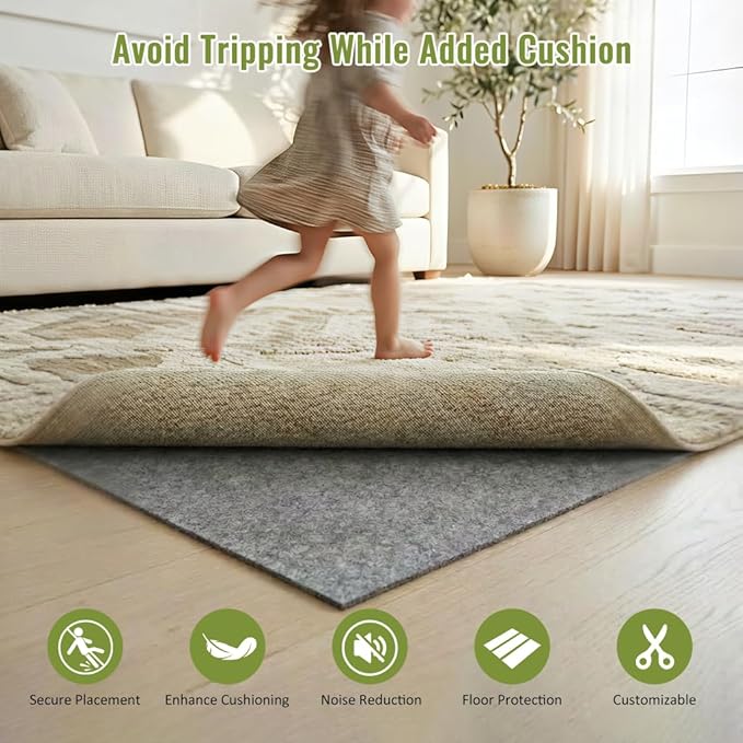 Felt Rug Pad with Gripper Dots, 2x8 Ft Non-Slip Rug Underpad with PVC Backing, 1/6" Thick Cushioned Carpet Pad Gripper for Hardwood Floors, Vinyl & Tile, Under Rug Padding Floor Protection