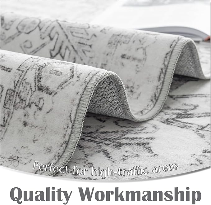 jinchan Lima 6x9 Area Rug for Living Room Washable Soft Throw Rug Ultra-Thin Stain Resistant Non-Slip Distressed Vintage Floral Large Carpet for Bedroom Dining Room Home Office Nursery (6x9ft, Grey)