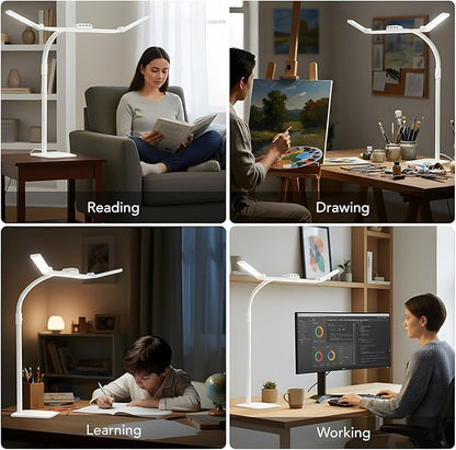 LED Desk Lamp for Home Office with Base, 28.2" Adjustable Gooseneck Swing Arm Bright Desk Light, Dimmable Architect Table Lamp for Desktop Computer Light, Reading, Study, Workbench（White）
