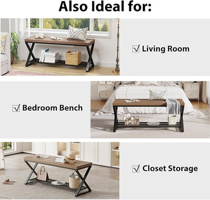 LVB Entryway Shoe Bench with Storage, 39” Entryway Bench for Foyer Hallway, Farmhouse Wood and Metal Indoor Bench for Entrance, Shoe Rack Storage Bench with Sitting for Living Room, Rustic Oak, 39 in