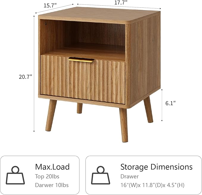 CARPETNAL Fluted Nightstand, Walnut Bedside Table with Drawer and Storage Shelf, Wood End Table Mid Century Night Stands for Bedroom Living Room